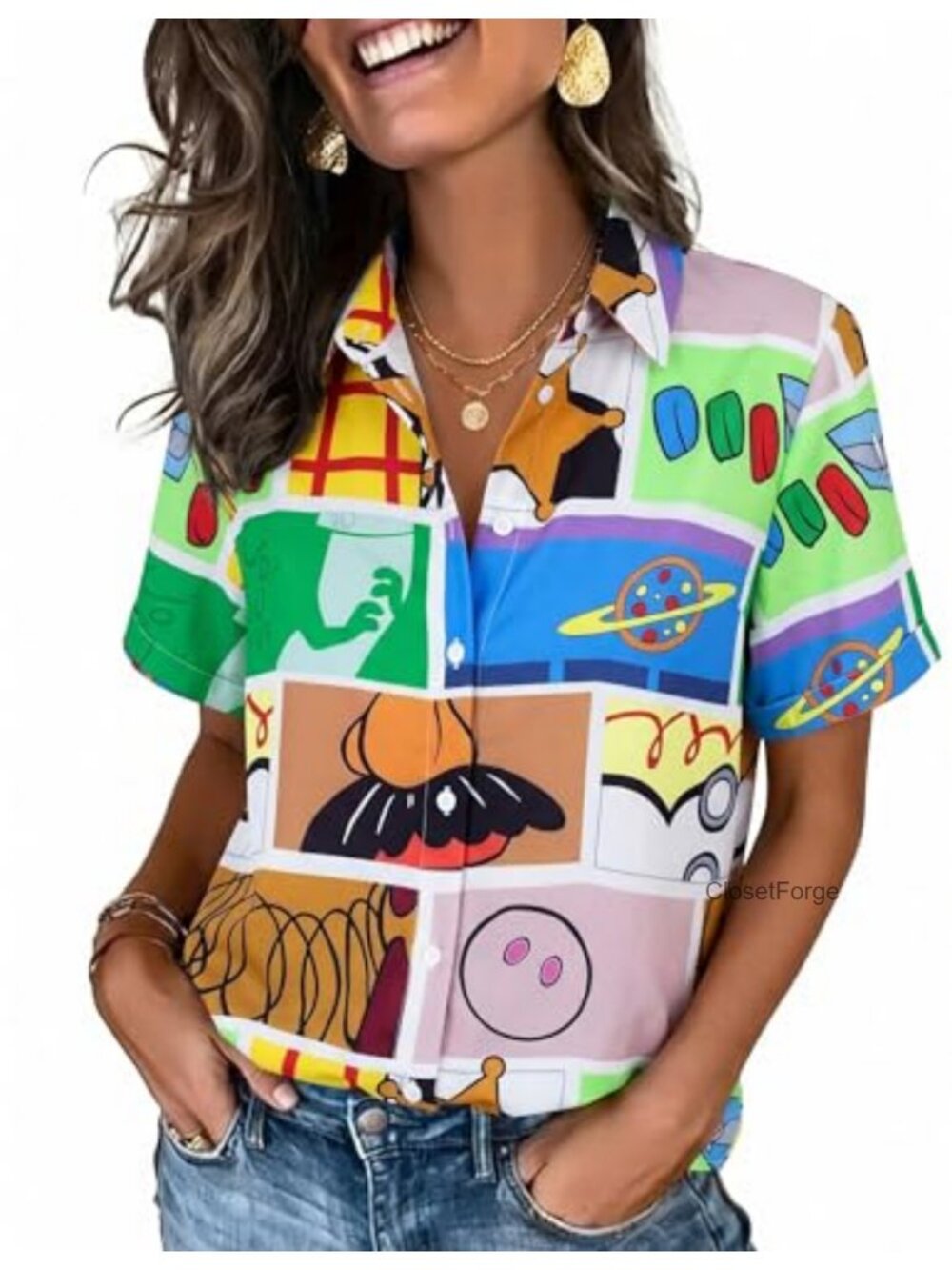 Women Funny Graphic Button Down Shirt Toy Story Inspired Bestie Vacation Tee